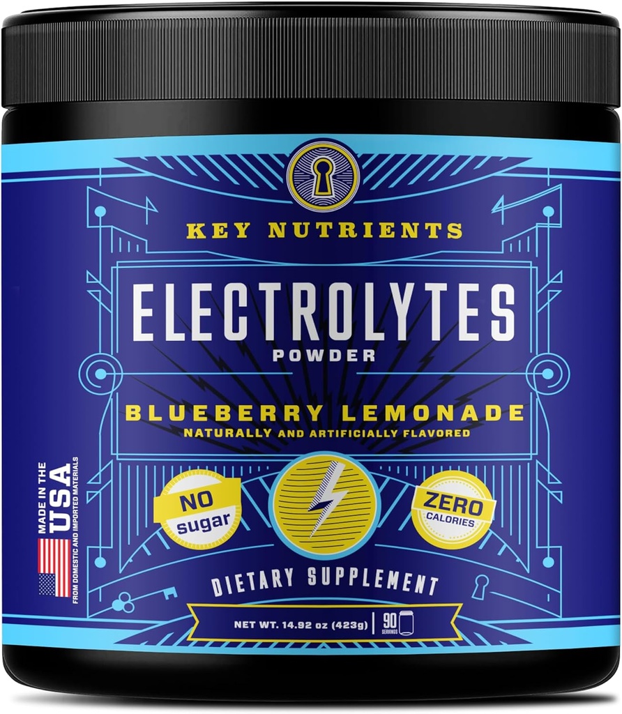 KEY NUTRIENTS Multivitamin Electrolytes Powder No Sugar - Fresh Blueberry Lemonade Electrolyte Powder - Endurance & Energy Supplement - Hydration Drink - Inga kalorier - 90 portioner - Tillverkad i USA