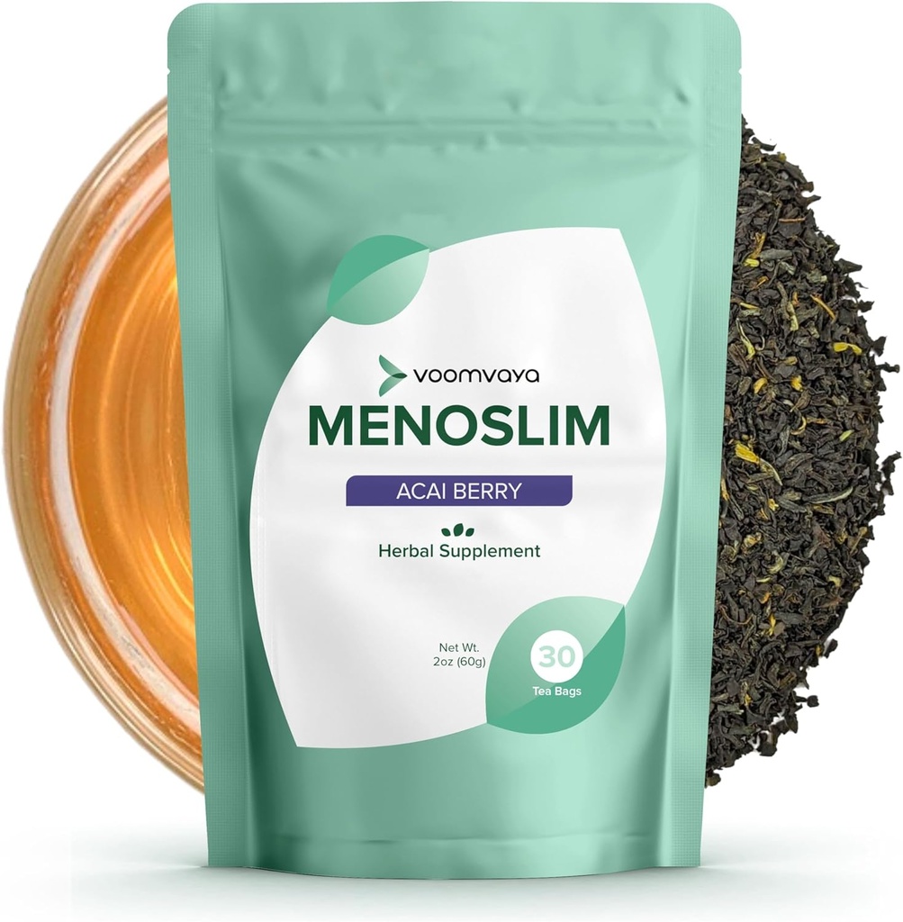 VoomVaya MenoSlim Tea - Hormone Balance Tea, Perimenopause & Estrogeeni täydentää naisille - turvotus, kuumat välähdykset, yöhiki & Meno-Belly - Acai Berry Flavor - 30 Teabags