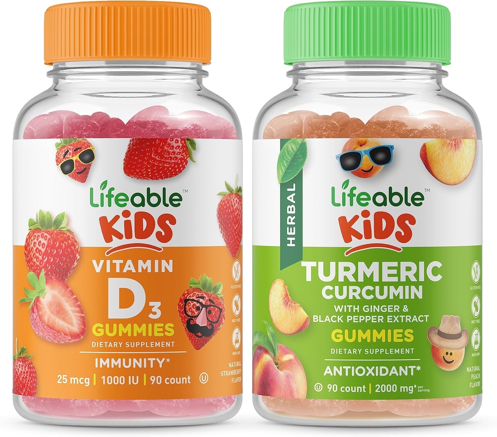 Elinkelpoinen D-vitamiini Lapset + Kurkuma Lapset, Gummies Bundle - Suuri maistaminen, vitamiini täydentää, Gluteeniton, GMO-vapaa, pureskeltava Gummy