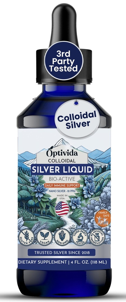 Optivida Health Colloidal Silver Liquid (4 oz) - Premium Nano Silver Colloidal Supplement för Daily Wellness & Immune Support, Natural Liquid Silver Hydrosol för vuxna och barn, icke-GMO, Gluten-Free