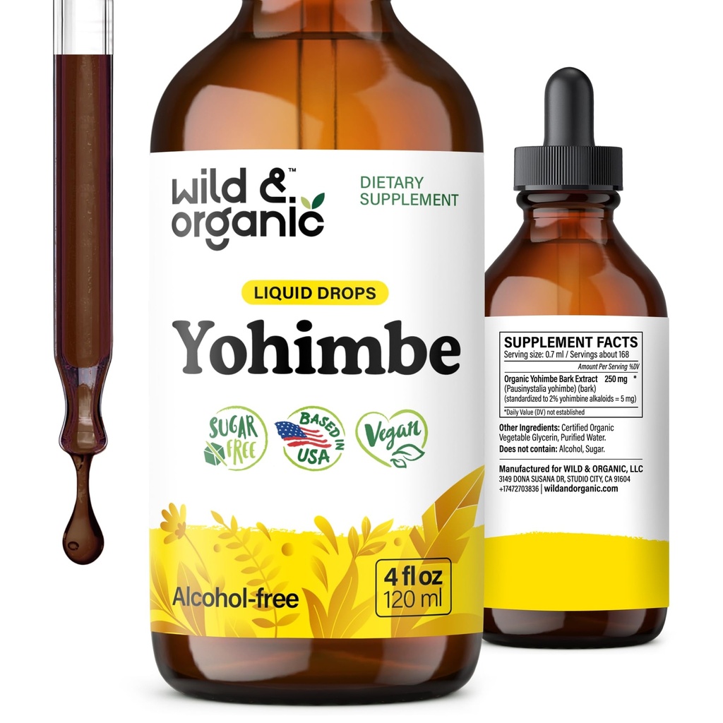 Wild & Organic Yohimbe Supplements for Men & Women - 5 mg Yohimbine Extract Tincture - Alkoholiton Yohimbe Bark Drops - Vegaani, ei-GMO & Sokerivapaa - 4 fl oz