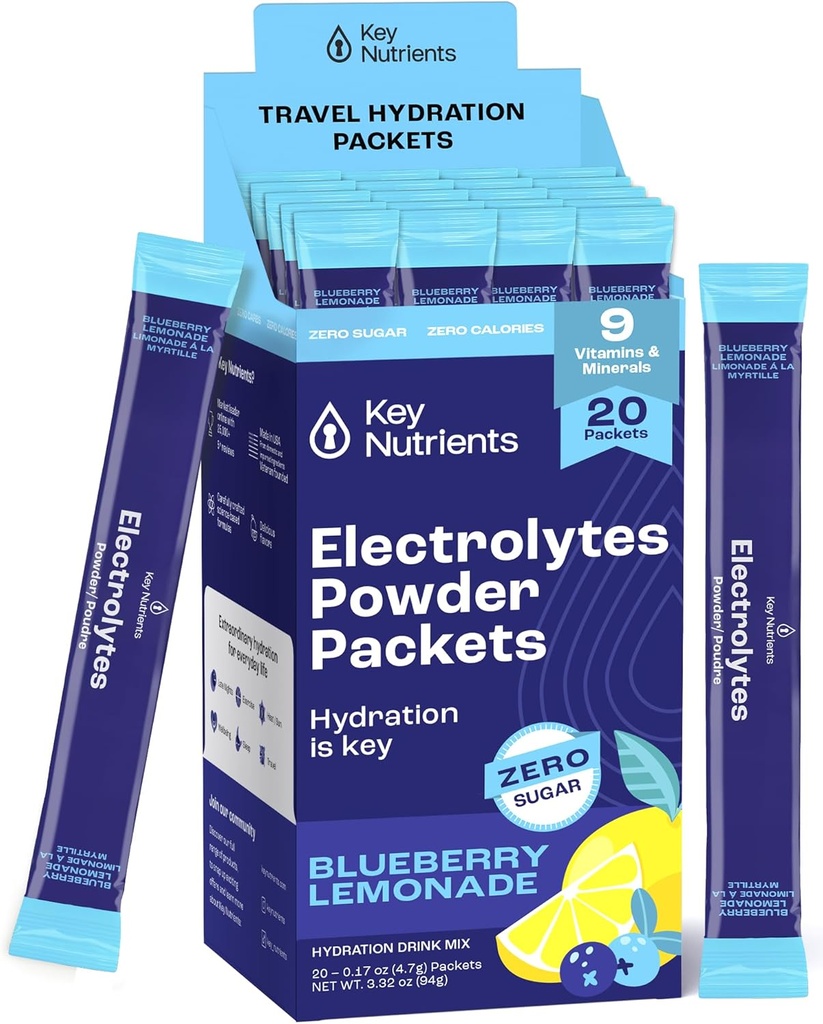 Avainaineet Multivitamiini Elektrolyyttejä Powder Packets - Herkullinen mustikka sitruunamehu 20 Pack Hydration Packets - Travel Hydration Powder - Ei sokeria, ei kaloreita, Gluteeniton - Made in USA