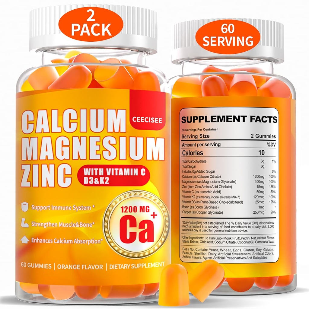 Kalsium Magnesium Gummies naisille Miehet: 1200 mg kalsiumsitriitti Sinkki Gummy kanssa C-vitamiini D3 K2 - Vegan Sugar Free Pureskeltava Korkea Imeytyminen Enegy Immuno tuki täydentää(120 Count)