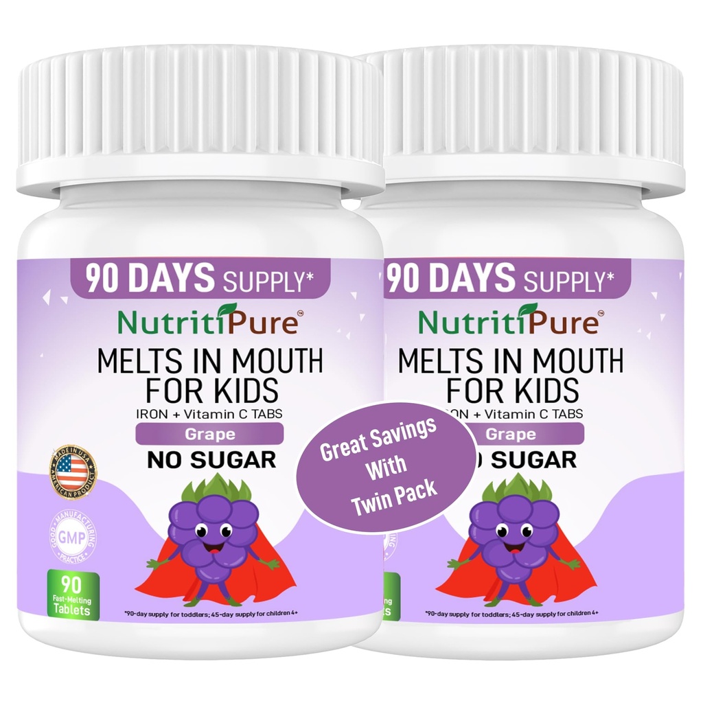 Lapset Pururauta Supplement, Ferronyl® Carbonyl Iron 9 mg, C-vitamiini 30 mg, Grape Flavor, 90 tablettia (2 pulloa)