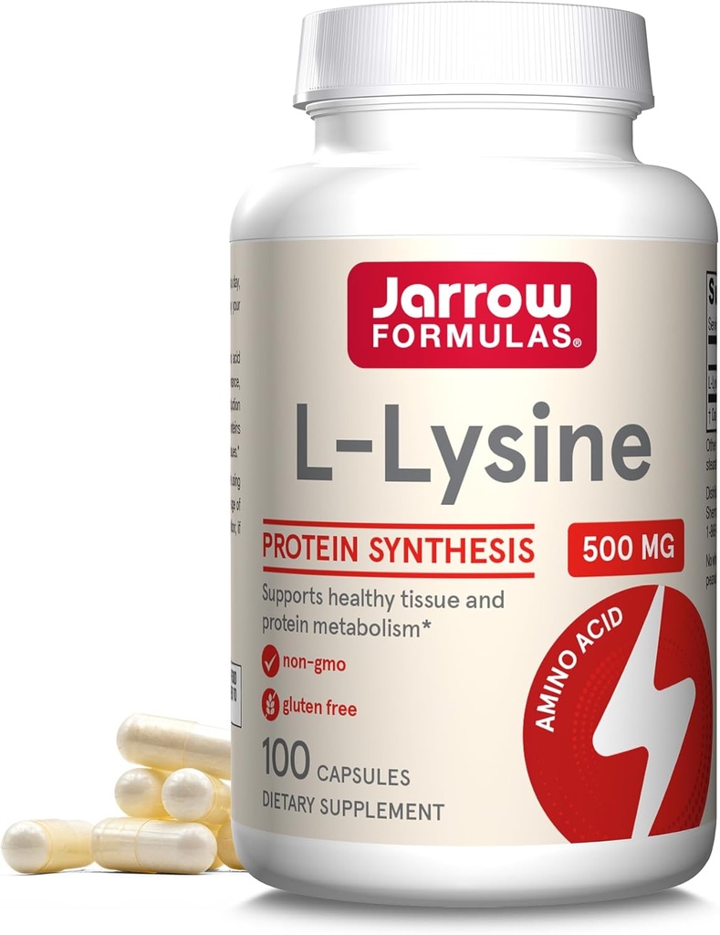 Jarrow Formulas L-Lysine 500 mg, Kosttillskott, Aminosyra för proteinsyntes och hälsosam Tissue Support, 100 kapslar, 100 dagars leverans