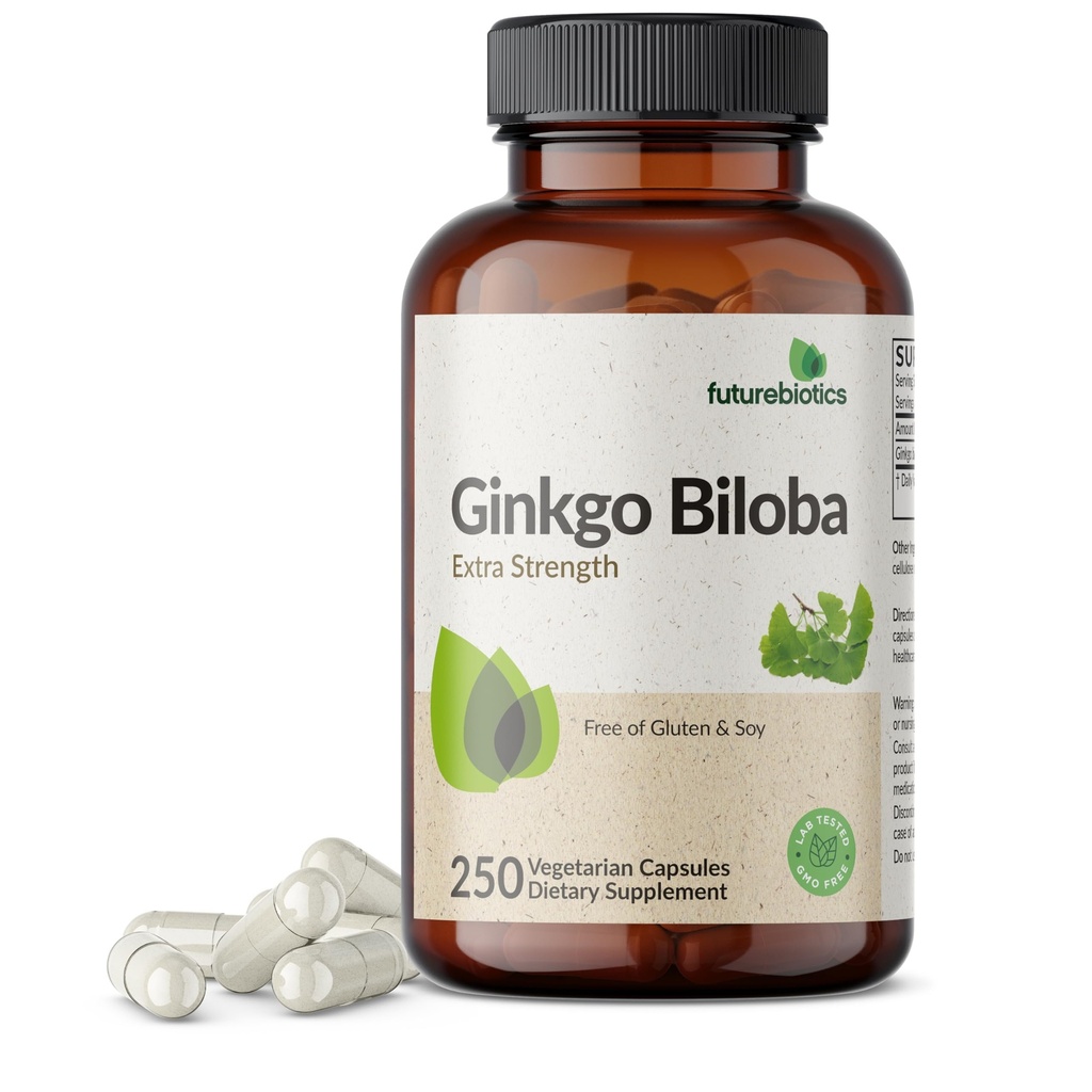 Futurebiootit Ginkgo Biloba Extra Strength tukee aivojen toimintaa ja muistitukea, 250 kasvissyöjäkapselia