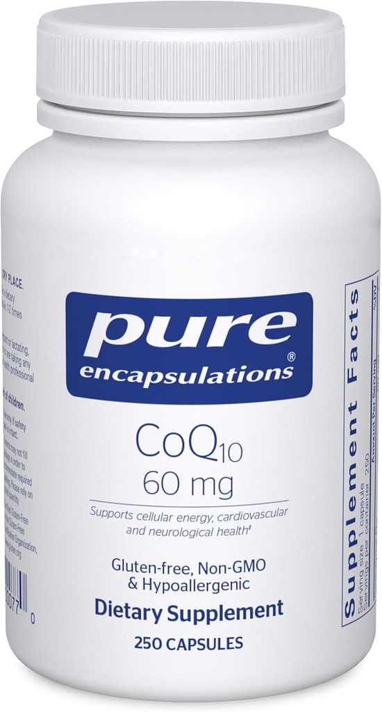 Puhtaat kapselit CoQ10 60 mg Coenzyme Q10 -lisäaine energialle, antioksidanteille, aivoille ja soluille, kognitiolle ja kardiovaskulaariselle tuelle* . 250 kapselia