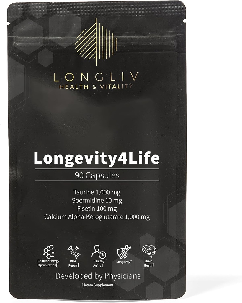 Longevity4Life - Ultimate Cellular Health Supplement - Fisetiini, tauriini, kalsium alfa-Ketoglutaraatti, ja spermidiini kapselit pitkäikäisyys ja elinkyky - Valmistettu Yhdysvalloissa - lääkäri Formuloitu