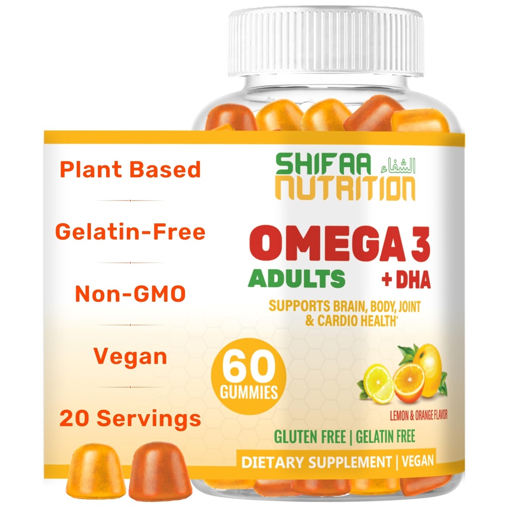 SHIFAA NUTRITION Vegan Omega 3 Gummies för vuxna | No Fish Oil Burps | 60 Gummies | Plant Based w / Chia Oil, Algae | Omega 3 6 9 w / DHA, Vitamin C | för Brain, Cardiovascular & Immune Support Halalal