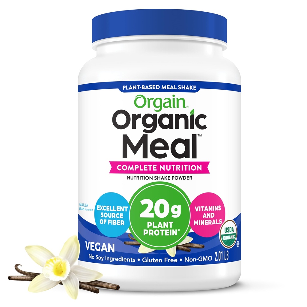 Orgain Organic Vegan Meal Replacement Protein Powder, Vanilla Bean - 20g Kasvipohjainen proteiini, gluteeniton, Dairy Free, Laktoositon, soijaton, Ei sokeria lisätty, Smoothies & Shakes - 2,03 lb