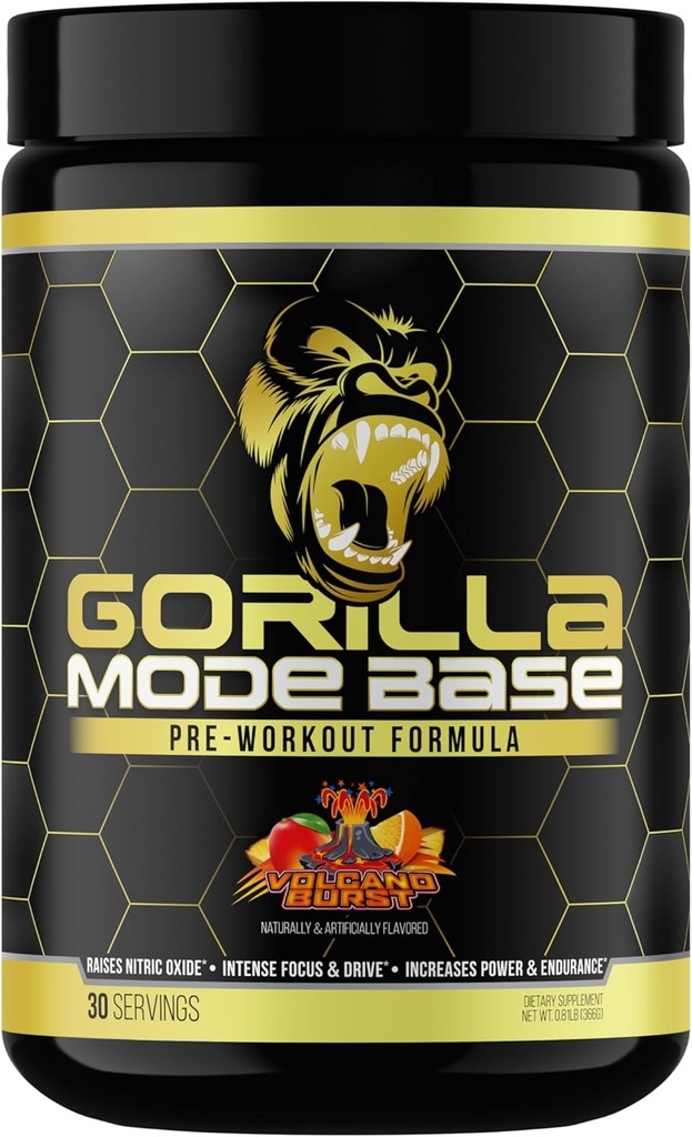 Gorilla Mind Base Pre Treout - Nostaa typpioksidia Intense Focus & Drive Endurance Power - L-sitrulliini, L-tyrosiini, Betaiini, Alpha-GPC, kofeiini, Huperzine A - 360 grammaa (Volcano Burst)