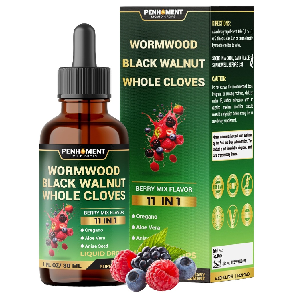 10in1 Wormwood Tincture - Black Walnut, Koko Mausteneilikka, Reishi Mushroom & 4 Lisää - Wormwood Liquid Drops - 1 FL OZ varten 2 kuukautta Supply - Berry Mix Flavor