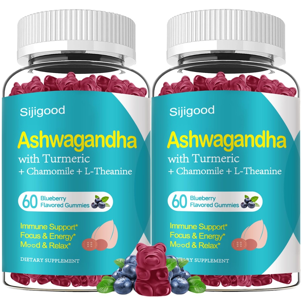 2 Pack Ashwagandha Gummies, tuki immuniteetille, rentoutuminen, rauhallinen mieliala & Zzz, Ashwagandha täydentää miehille & naisille, luonnon mustikkamaku, 120 kreivi