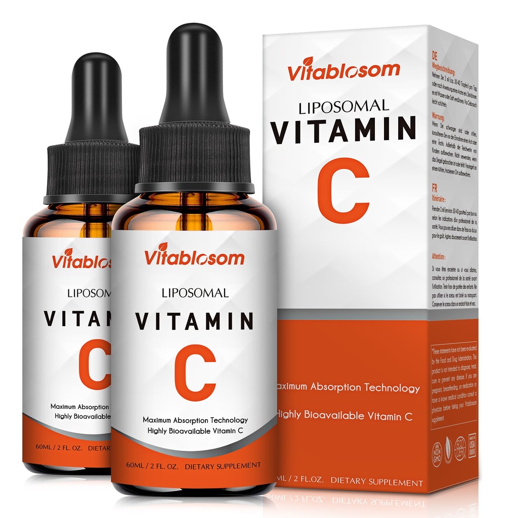 Liposomaalinen C-vitamiini 2000 mg nestemäinen aikuisille, suuri imeytyvä VIT C, Maksimoi C-vitamiini, immuunijärjestelmä ja antioksidantti tuki, 60ML (2 pullo)