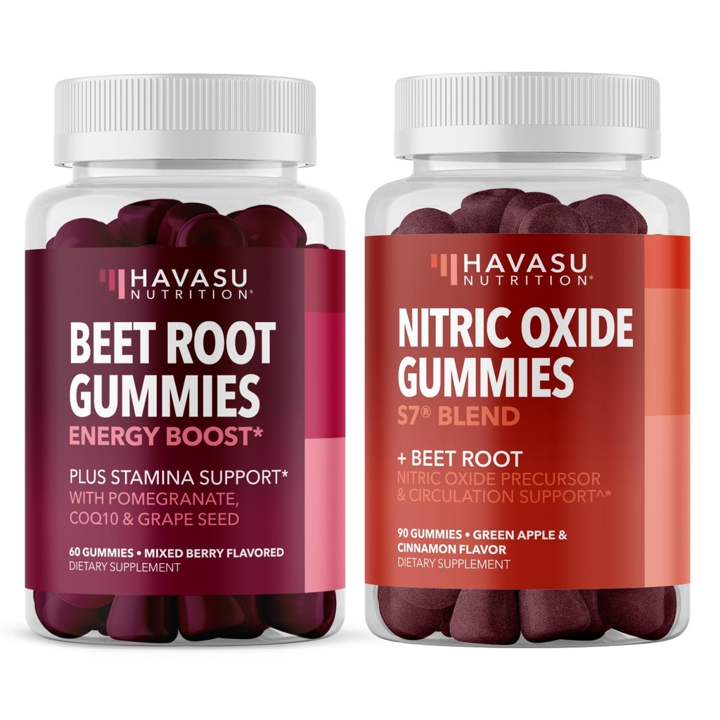 HAVASU NUTRITION Typpioksidi Gummit, joissa on L-arginiini ja juurijuurikas (1 kuukauden tarjonta) ja juuriperunat COQ10 ja granaattiomena (1 kuukauden tarjonta)