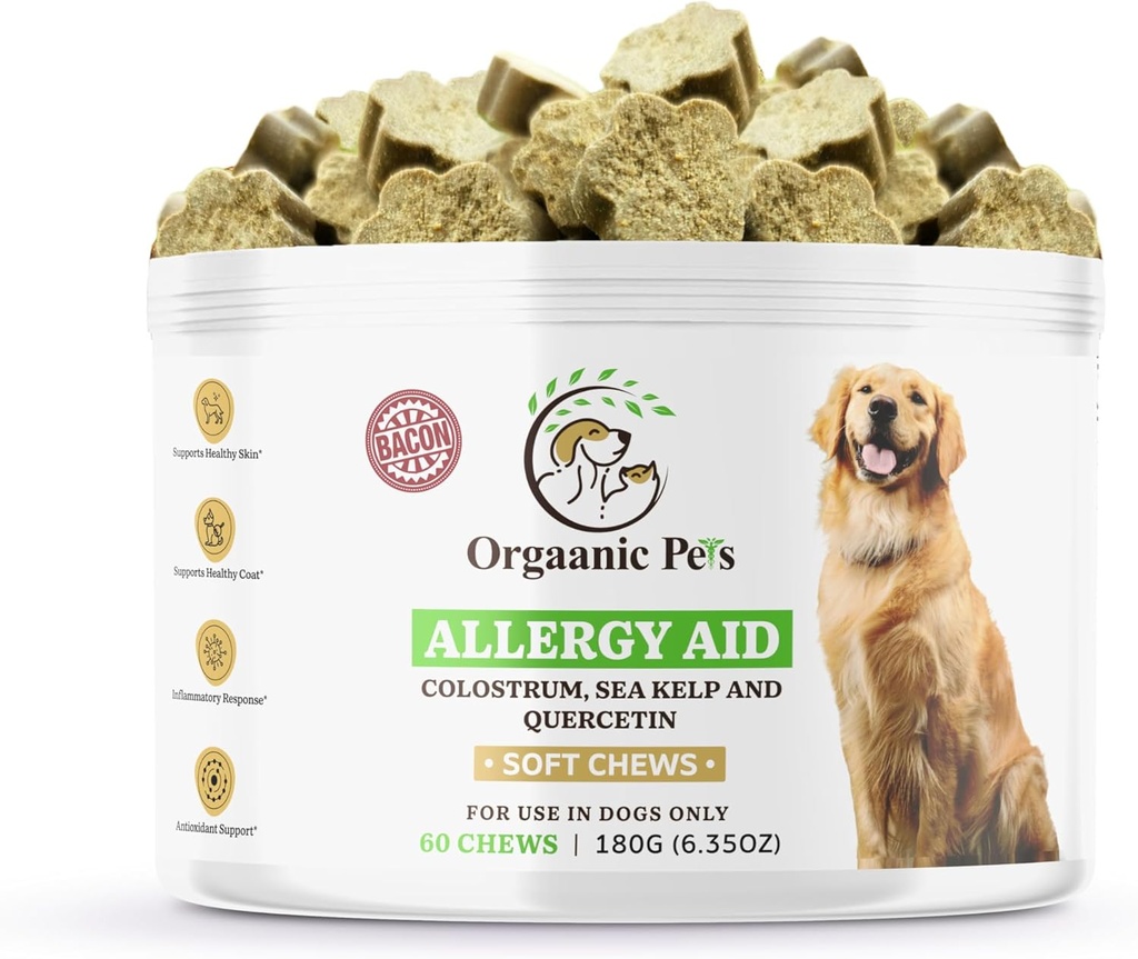 Herbal Dog Allergy Relief with SEA KELP - Colostrum - QUERCETIN - Sienet - Omega + 11 Natural Allergia Relief Yrtit - Pehmeät purukumit iholle ja sesonkille