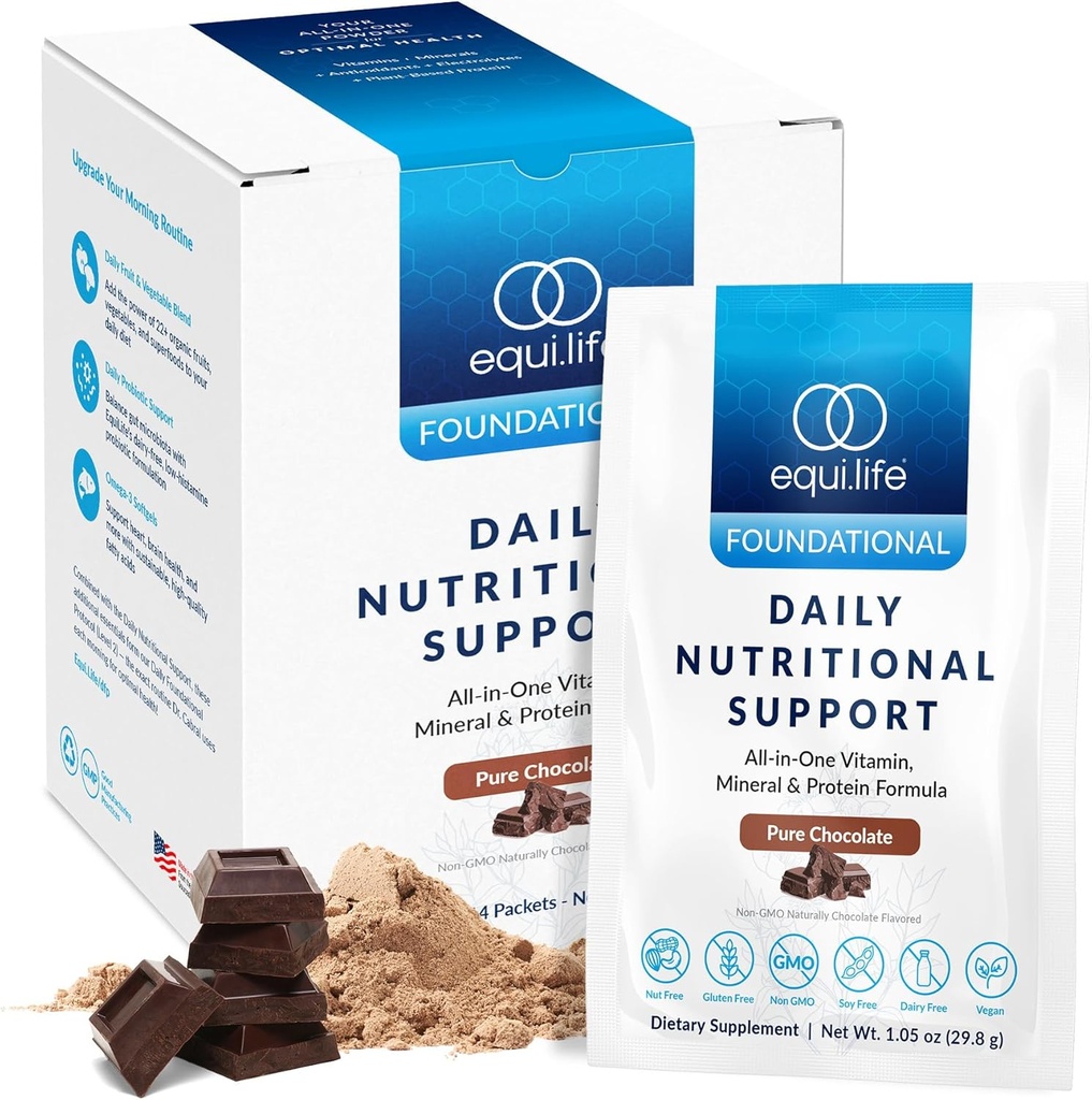Equilife Daily Nutritional Support, All-in-One Multivitamiini Aterian korvaaminen, puhdas suklaamaku, 15G Kasviproteiini, tukee yleistä hyvinvointia lukien energia, digestio, & iho, 14 pakkaus