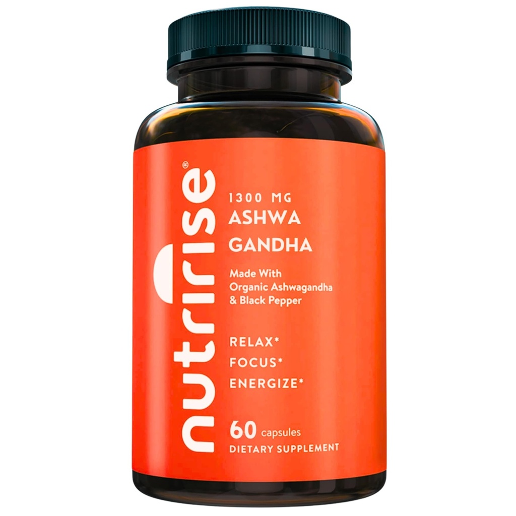 NutriRise Organic Ashwagandha juurikapselit mustapippurilla, 1300mg, luonnollinen stressi ja mieliala, kilpirauhasen ja immuunin tukilisä, selkeys, tarkennus ja energia, Gluteeniton, 60
