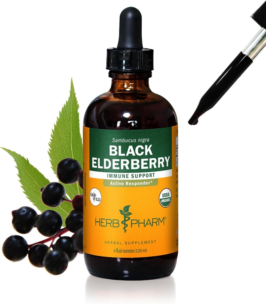Herb Pharm Certified Organic Black Elderberry Liquid Extract immuunijärjestelmän tukea, Organic Cane alkoholi, 4 Ounce