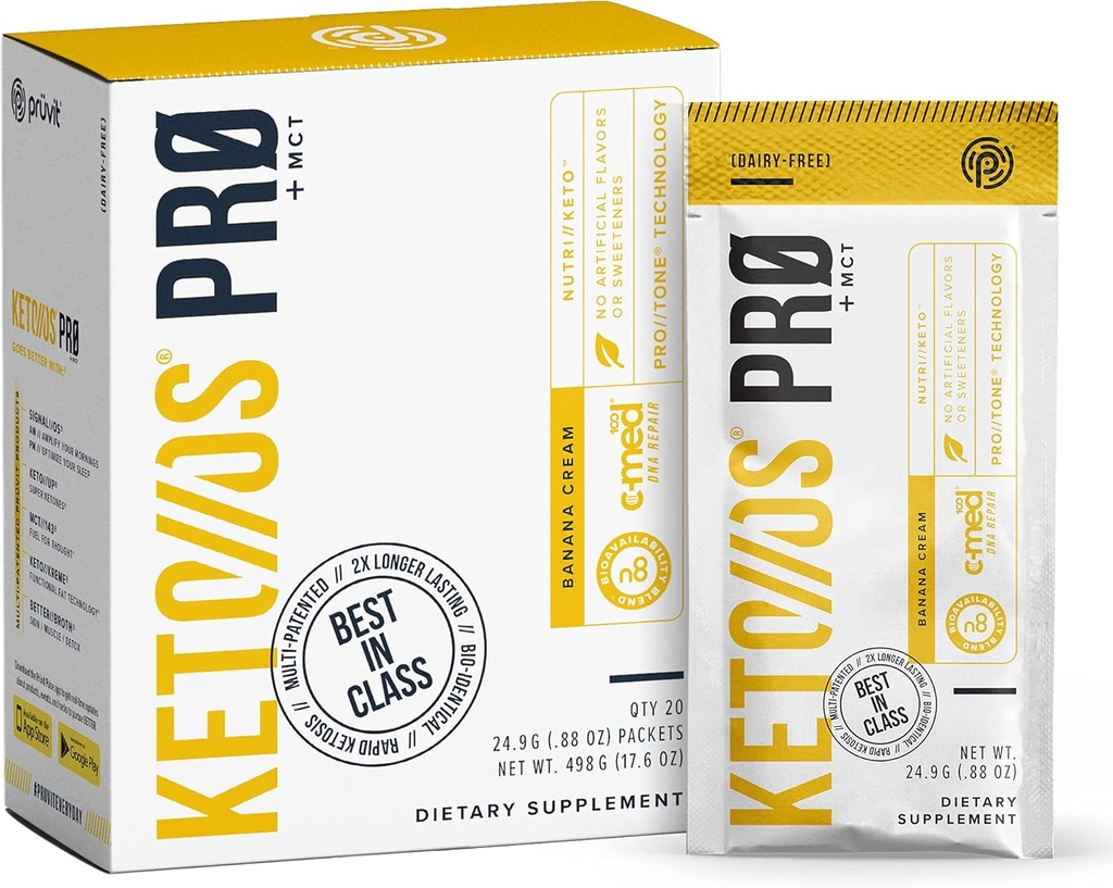 Pruvit Keto//OS Pro Banana Cream + MCT Ketones - Keto//OS Pro Supplement for Energy Boost, Better Digestion ja auttaa torjumaan ikääntymisprosessia - 20 Packets