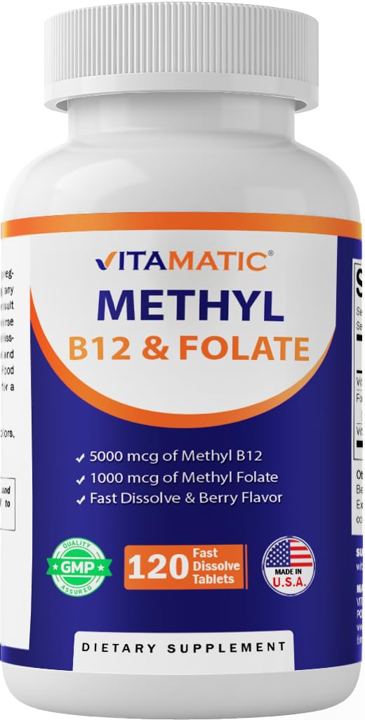 Vitamatic Methyl Folate & B12 Supplement med Pyridoxal 5 Phosphate (P-5-P) - Främjar kardiovaskulär hälsa och energi Metabolism - 120 Fast Dissolve Tablets - Non GMO & Gluten Free