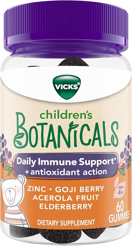 Vicks Children's Botanicals Daily Immune Support* + Antioxidant Action, Gummies, Made with Zinc, Goji Berry, Acerola Fruit och Elderberry, 60 ct