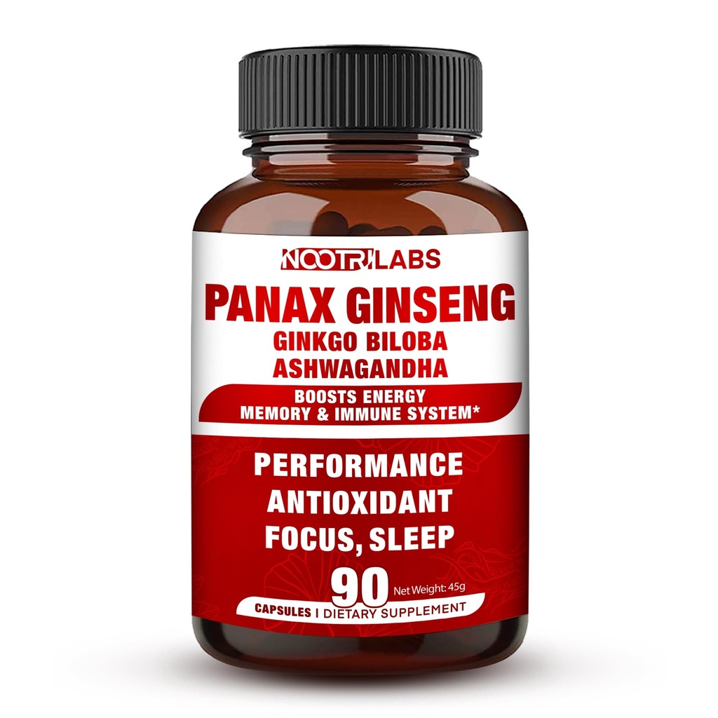 Koreanska Röda Panax Ginseng 750mg Högsta Potens med Ginkgo Biloba och Ashwagandha, Boost Energy, Memory och Immune System - Fokus Supplement Pills för män och kvinnor, 90 Vegan Capsules