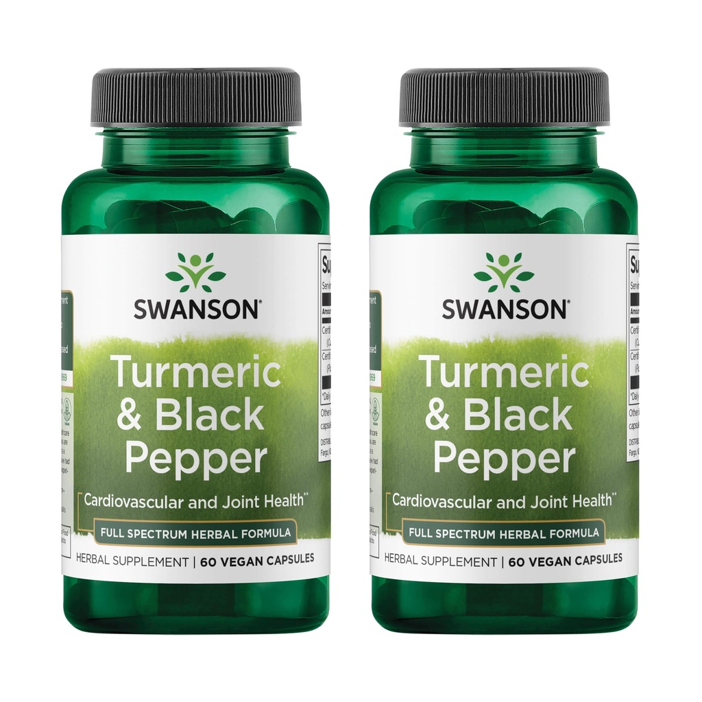 Swanson Turmeric & Black Pepper - Organic Joint Health, Heart Health, Digestion, & Liver Support Supplement - Natural Formula Enhanced Biosability & Imeytyminen - (60 kasviskapselit) 2 pakkaus