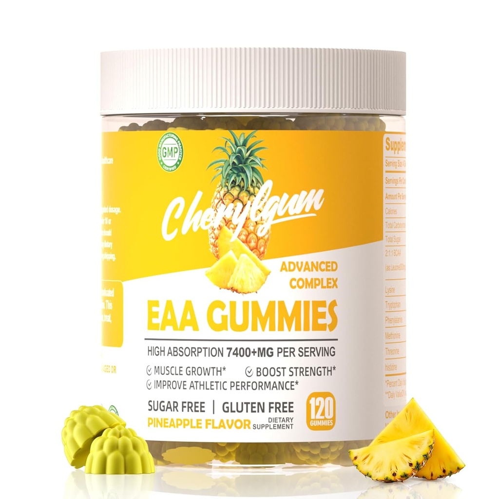 EAA Gummies 120 Ananas Gummies, 7400 mg Essential Amino Acids - kaikki 9 Essential Aminos (EAA) ja kaikki haarautunut-Chain Aminos (BCAA), ei-GMO, Gluteeniton, kasvissyöjä Ystävällinen.