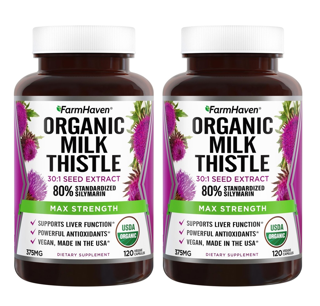 FarmHaven USDA Organic Milk Thistle Kapselit ... 30X Väkevä siemenuute & 80% Silymarin Standardoitu - tukee maksan toimintaa ja yleistä terveyttä...