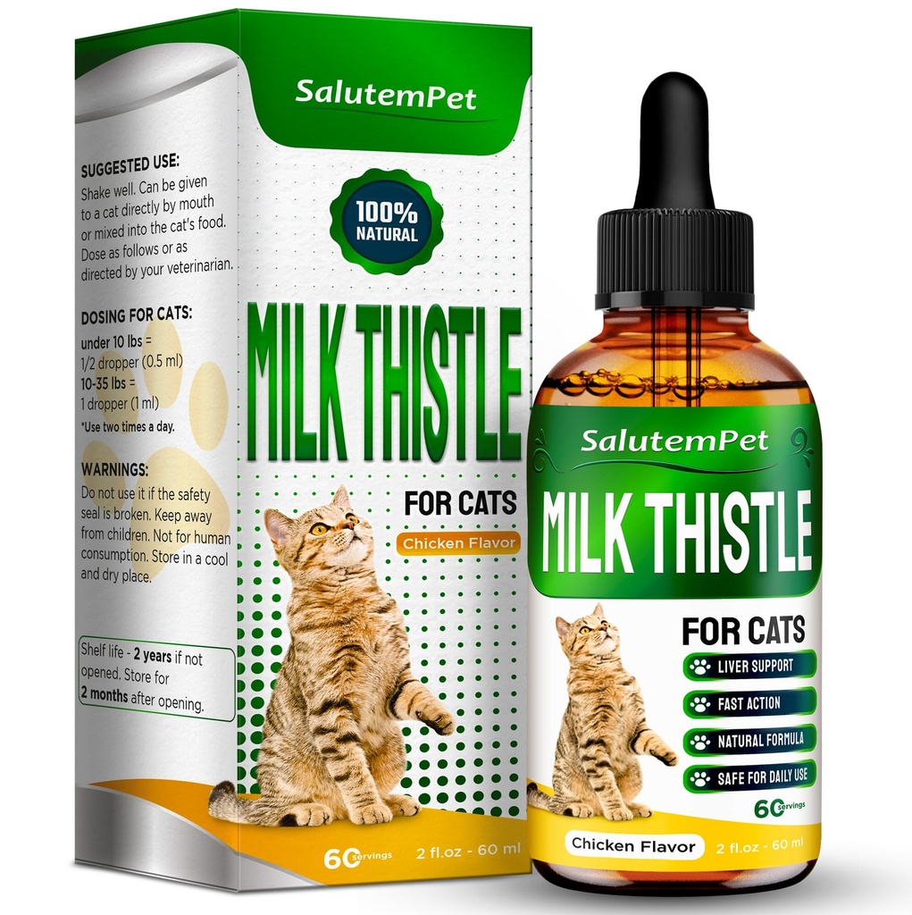 Сat Kidney Support | Milk Thistle för katter | Herbal Supplement för Kittens & Adult Ones | Lösning för alla raser | Omsorg för lever | Сhicken smak | 2 Oz