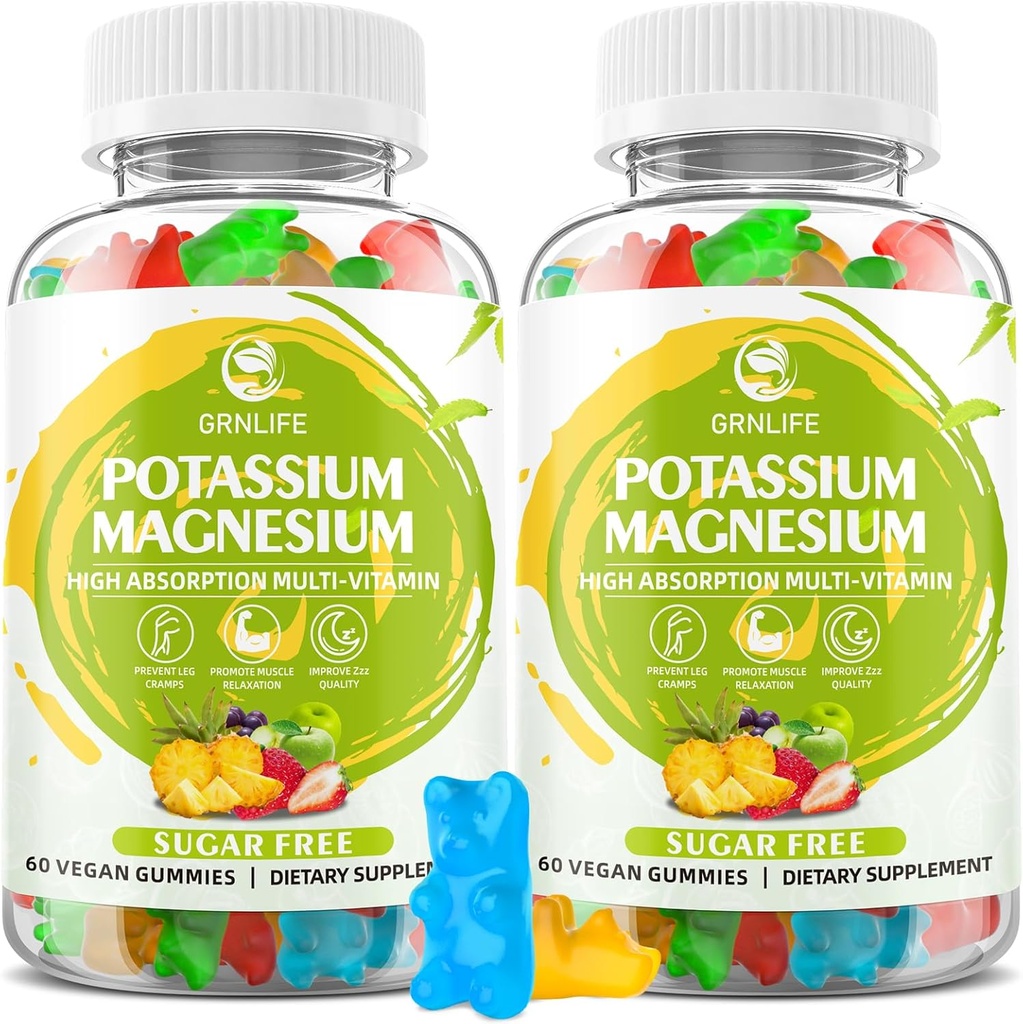 Kalium Magnesium Supplement Gummies, Kalium Gummies aikuisille Lapset, suuri imeytyminen Magnesium Glycinate for Leg Cramps & Immuuniterveys, sokeriton, vegaaninen sekoitettu maku 120
