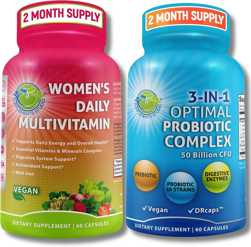 Naiset Multivitamiini & Probiootti Tuki Bundle ... 3-in-1 Probiootti, jossa on digestiivisia entsyymejä & prebiootit & naiset