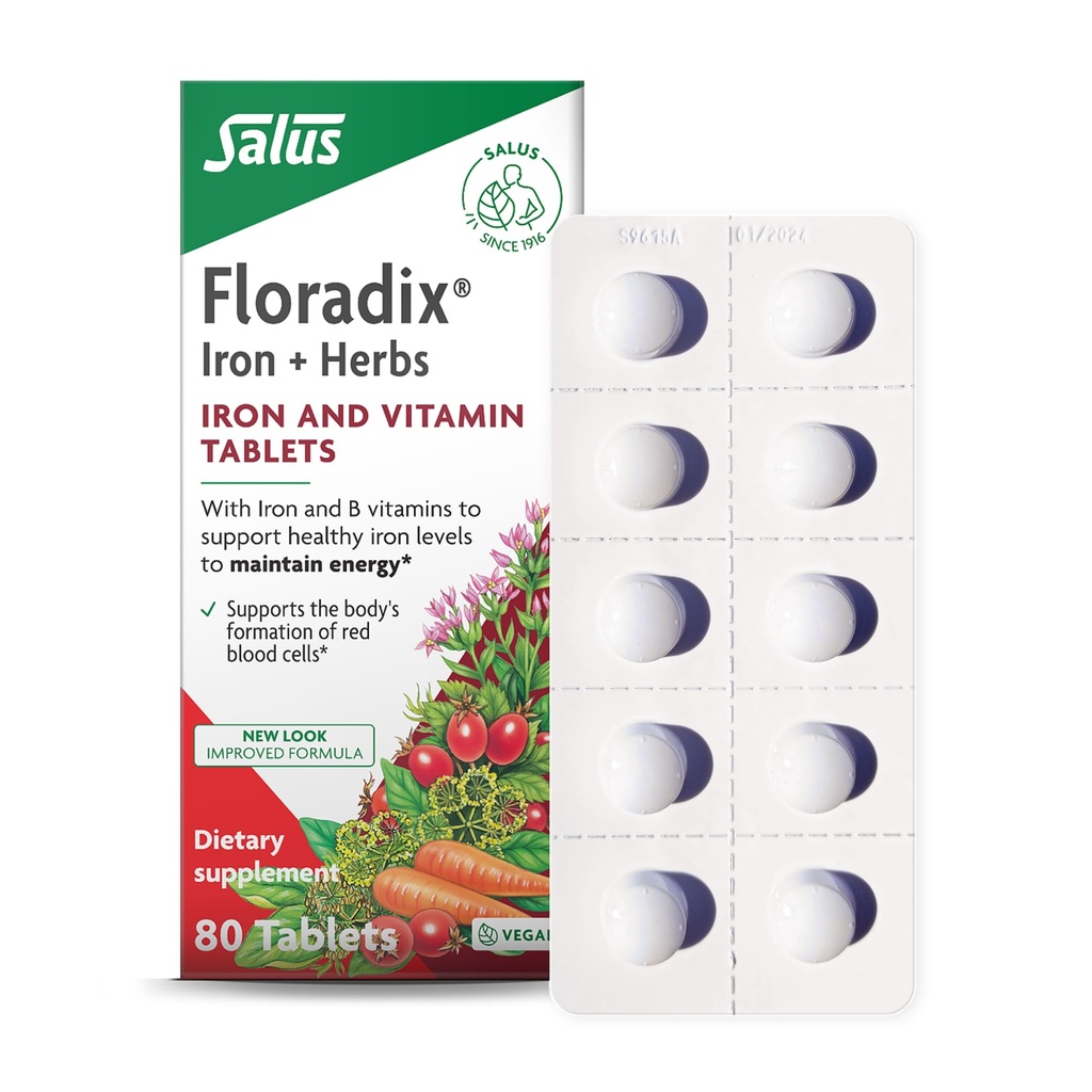 Floradix Iron Tablets - Iron Supplement B-vitamiinit, Foolihappo, C-vitamiini & More - Energiatuki - Kasvissyöjä & Gluteeniton - 80 tablettia (80 tarjoilua)