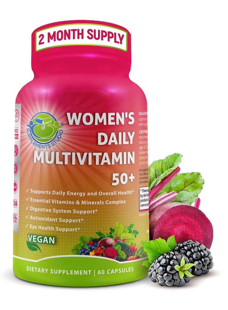 Naisten päivittäinen monivitamiini 50 Plus - Vegaani Methylated Multivitamiini naisille 50 ja yli Biotiini, Luomu Superfoods & Lutein - Silmät, energia, Gut & Optimal Health Support - Helppo niellä kapselit