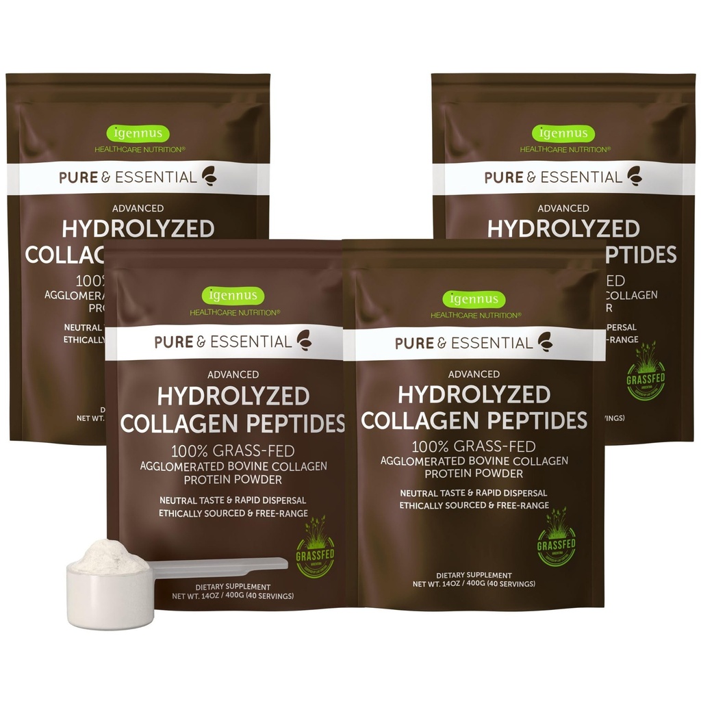 Igennus 100% Grass Fed Bovine Collagen Protein Powder, korkein aste Hydrolysed Collagen Peptides Tyypit 1, 2 ja 3, naisten ja miesten, ei-GMO, vapaa alue, puhdas etiketti, Easy Mix, 4 x 40 Servings