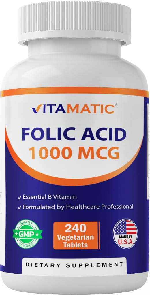 Vitamatic Folic Acid 1000 mikrog (1 mg) - Kasvissyöjä Tabletit - 1667 mikrog DFE - B9-vitamiini (240 mikrog (pakkaus 1))