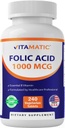 Vitamatic Folic Acid 1000 mikrog (1 mg) - Kasvissyöjä Tabletit - 1667 mikrog DFE - B9-vitamiini (240 mikrog (pakkaus 1))