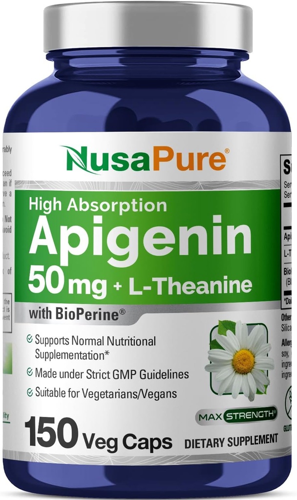 NusaPure Apigenin 50mg & L-Theanine 200mg, 150 Kasviskapselia, Bioperine (ei-GMO:t, gluteeniton)