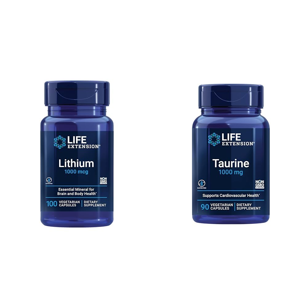 Life Extension Litium 1000 mikrog ja Tauriini 1000 mg - Aivojen terveys, anti-aging, pitkäikäisyys, muisti, kognitio, mieliala, sydän, maksa, lihasten ja liikunnan tuki - 100