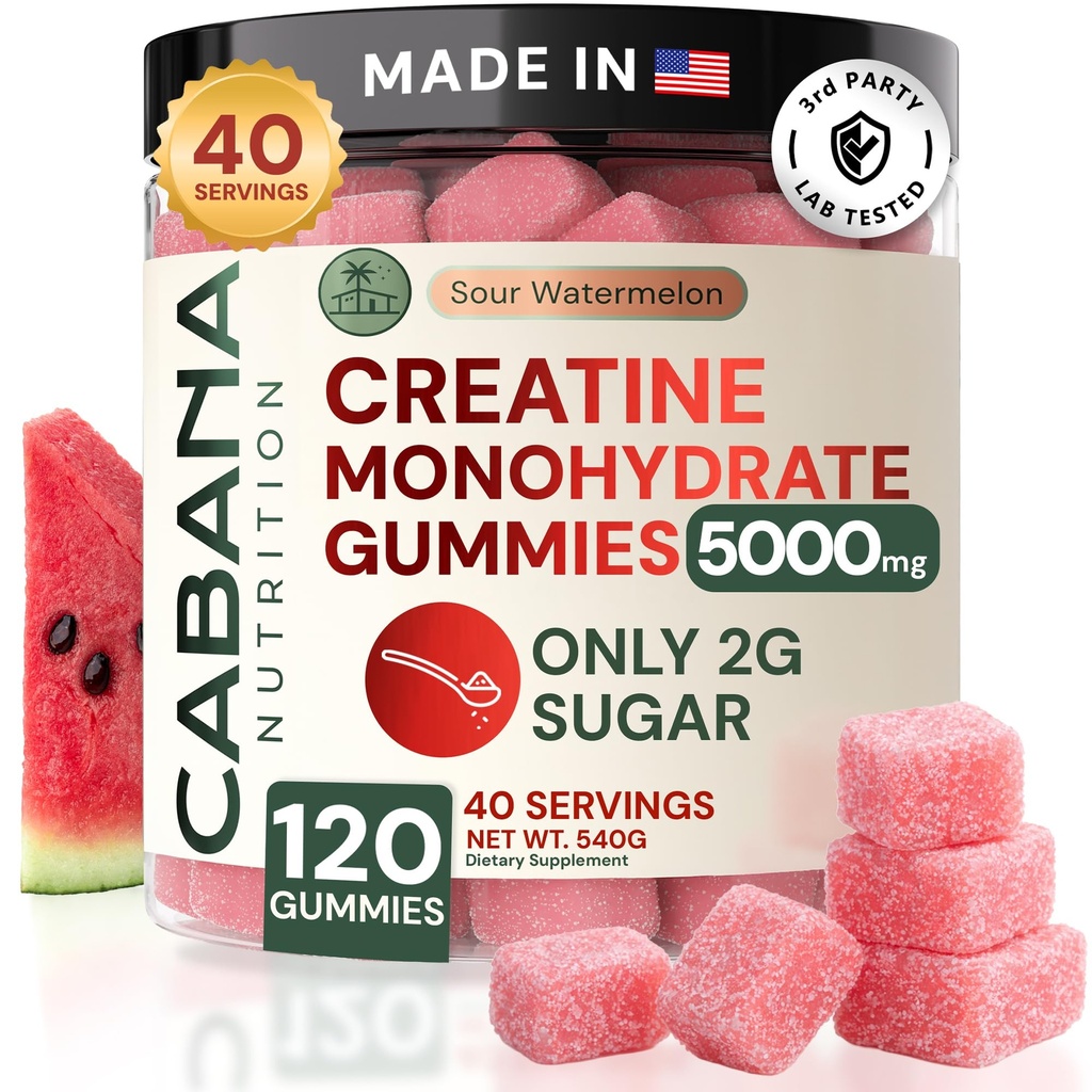 Kreatinmonohydrat Gummies 5g - Endast 2g socker, tillverkad i USA - Sour Watermelon smak - Vegan & 3rd Party Tested - Pre & Post Workout Supplement för kvinnor och män (120 greve, 40 portioner)