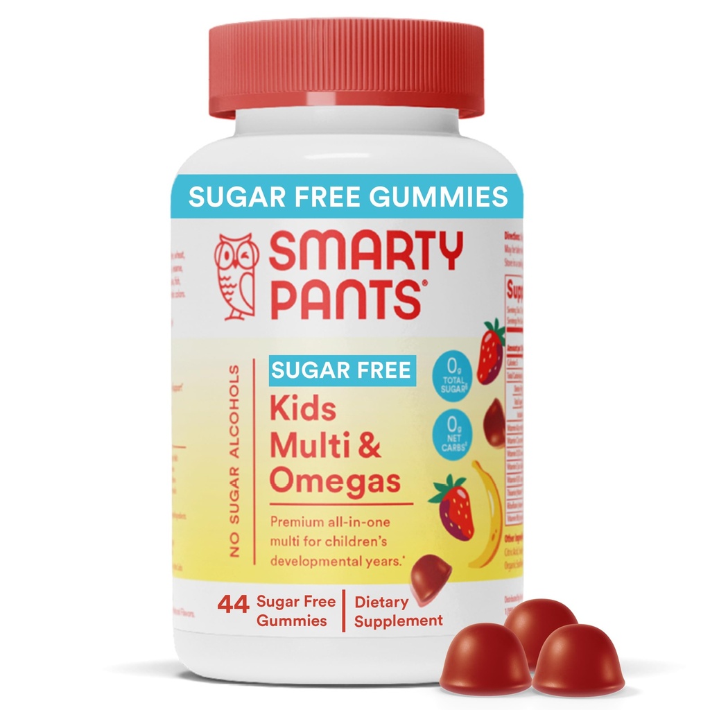 SmartyPants Kids Multivitamiini Gummies, sokeriton: Omega 3 (ALA), D3-vitamiini, C-vitamiini, B12-vitamiini, B6, A-vitamiini, K-sinkki immuunitukeen, Biotiini, Erytritoliton, mansikkabanaani, 44-luku (22 päivän tarjonta)