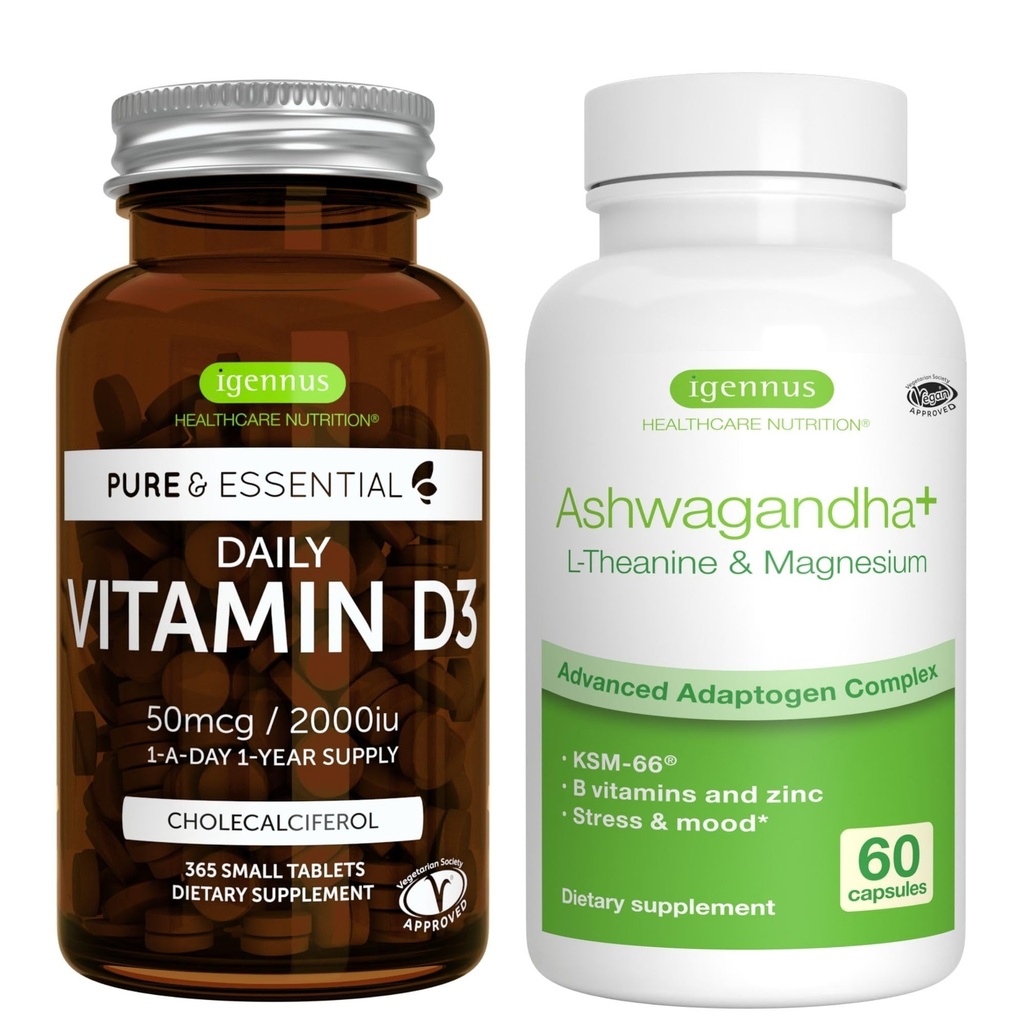 Päivittäinen D3-vitamiini + Ashwagandha+ L-Theanine & Magnesium Kasvissyöjä Bundle, 365 2000iu D3-vitamiinit + 600 mg KSM-66 Ashwagandha sinkki & B-vitamiinit, Igennus