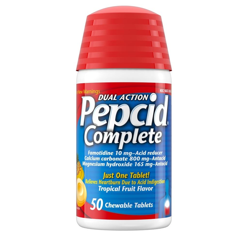 Pepcid Complete Acid Reducer + Antasidi Acid Refluxille, 10 mg fomotidiinia, 800 mg kalsiumkarbonaattia & 165 mg Magnesiumhydroksidia/ närästystabletteja, antasidipurutabletteja, trooppisia hedelmiä, 50 lla
