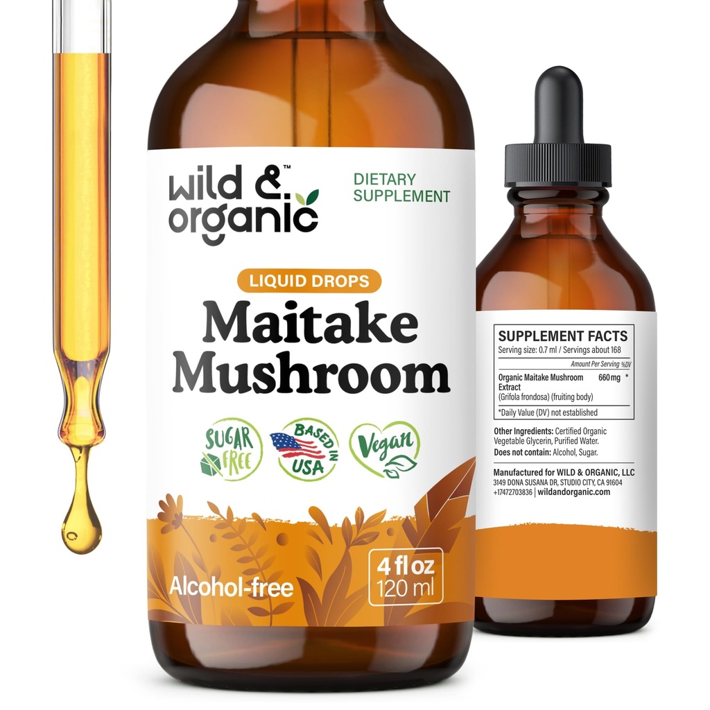 Wild & Organic Maitake Mushroom Tincture - Immunosupport Supplement - Liquid Maitake Mushroom Extract - Vegaani, sokeri ja alkoholiton Drops - 4 fl oz