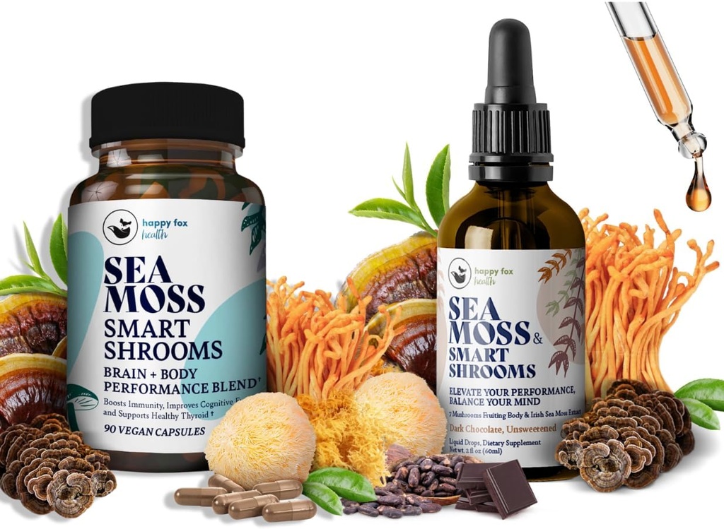 Aivojen Superfoods Bundle - Organic Sea Moss & Smart Shrooms, Kapselit ja Liquid Drops Bundle, Organic Irish Seamoss ja 7 Adaptogenic täydentää muistia ja keskittyä. Nestemäisiä tippoja suklaamakussa