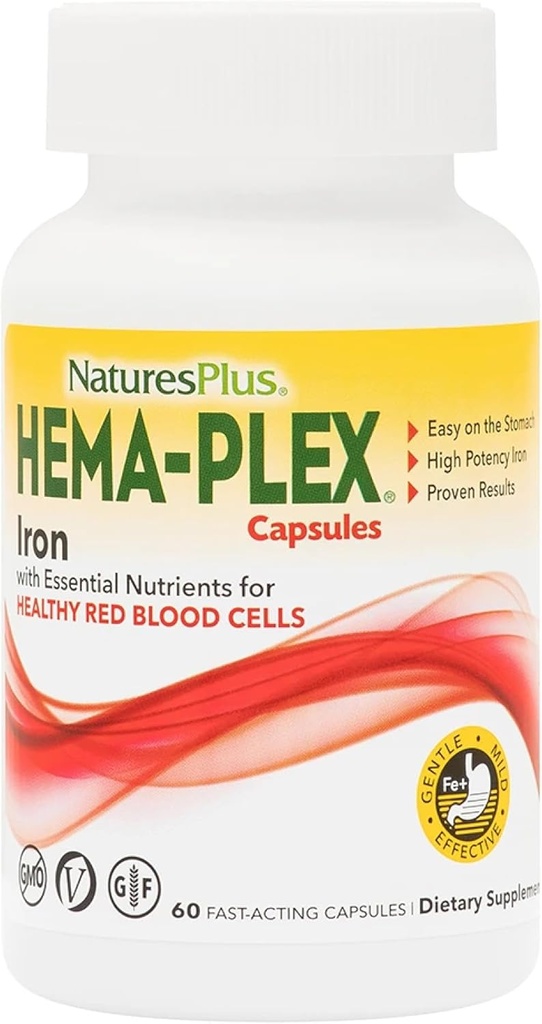 NaturesPlus Hema-Plex Iron - 60 Fast-Acting Capsules - 3 Pack - 85 mg Chelated Iron + Vitamin C & Bioflavonoider för friska röda blodceller - Vegan, Gluten Free - 90 Total Servings
