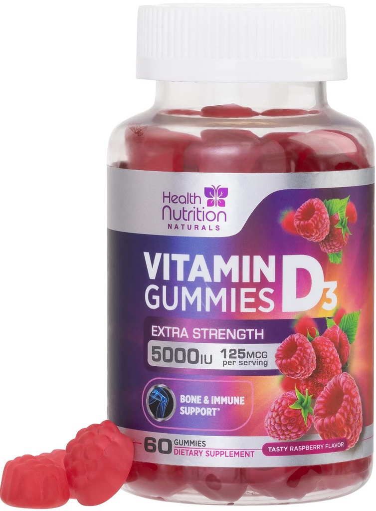 D3-vitamiini Gummies 5000 IU (125 mikrog) - Triple Strength Bone and Immune Support, D-vitamiini Gummy Dietary Supplement, Nature's Berry D-vitamiini Supplement, Vadelma Maku, ei-GMO - 60 Gamma