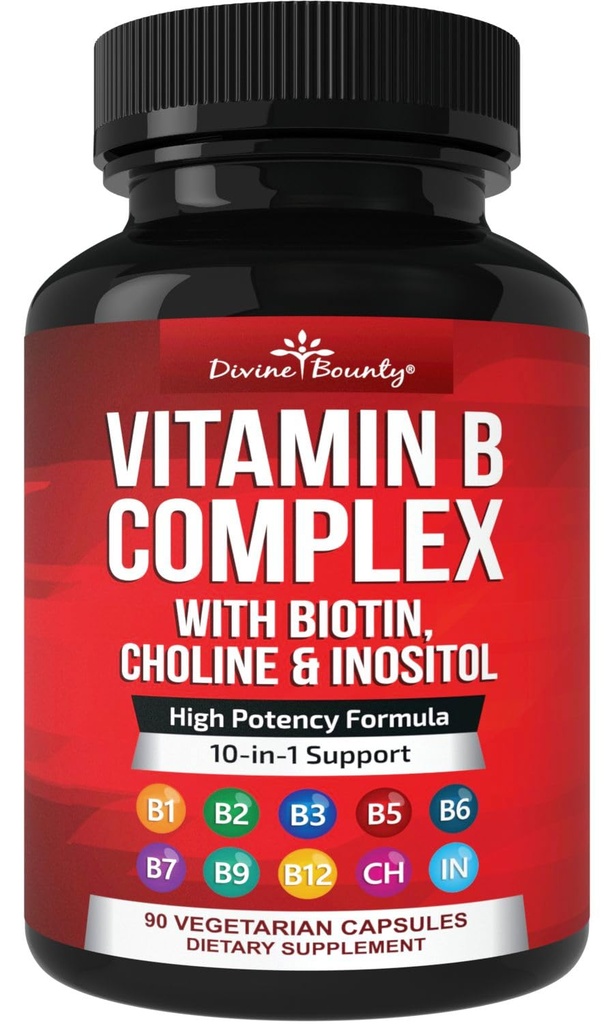 Jumalallinen Bounty Super B Complex Vitamiinit - Kaikki B-vitamiinit mukaan lukien B12, B1, B2, B3, B5, B6, B7, B9, Folic Acid - B-vitamiinin täydentää - Tuki Terveellinen energia aineenvaihdunta - 90 Kasvissyöjä kapselit