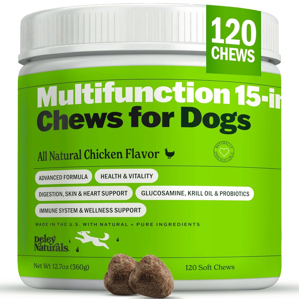 Deley Naturals 15 in 1 Multivitamiini koirille - Täydellinen koiran vitamiinit ja lisäravinteet Immuunituki, Joint, Iho, Ruuansulatus, Sydän & Kokonaisterveys - Päivittäinen monitoimi täydentää - 120 purukumia